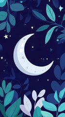 Poster - Moon and stars, green leaves, pastel colors, a cute style, fantasy elements, celestial elements, crescent moons, and starry skies.