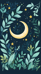Poster - Moon and stars, green leaves, pastel colors, a cute style, fantasy elements, celestial elements, crescent moons, and starry skies.