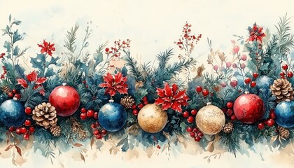 Poster - Watercolor Christmas Decoration with Ornaments and Pine Branches