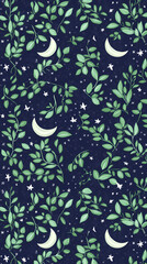 Poster - Moon and stars, green leaves, pastel colors, a cute style, fantasy elements, celestial elements, crescent moons, and starry skies.