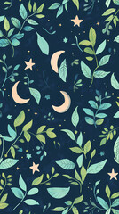 Poster - Moon and stars, green leaves, pastel colors, a cute style, fantasy elements, celestial elements, crescent moons, and starry skies.