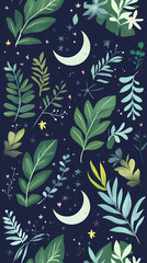 Poster - Moon and stars, green leaves, pastel colors, a cute style, fantasy elements, celestial elements, crescent moons, and starry skies.