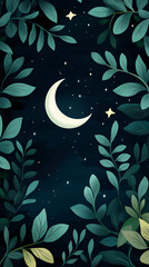 Poster - Moon and stars, green leaves, pastel colors, a cute style, fantasy elements, celestial elements, crescent moons, and starry skies.