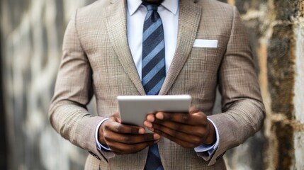 Poster - Close-up of a Man in a Suit Holding a Tablet Device