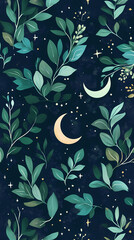 Poster - Moon and stars, green leaves, pastel colors, a cute style, fantasy elements, celestial elements, crescent moons, and starry skies.