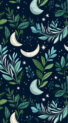 Poster - Moon and stars, green leaves, pastel colors, a cute style, fantasy elements, celestial elements, crescent moons, and starry skies.