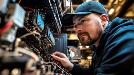 Poster - A Man Working on a Complex Electronic System with Wires