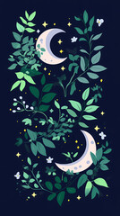 Poster - Moon and stars, green leaves, pastel colors, a cute style, fantasy elements, celestial elements, crescent moons, and starry skies.
