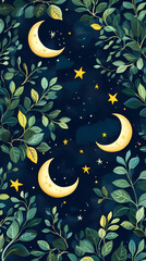 Poster - Moon and stars, green leaves, pastel colors, a cute style, fantasy elements, celestial elements, crescent moons, and starry skies.