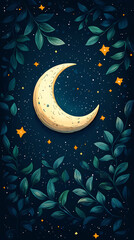 Poster - Moon and stars, green leaves, pastel colors, a cute style, fantasy elements, celestial elements, crescent moons, and starry skies.