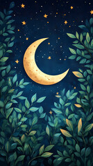 Poster - Moon and stars, green leaves, pastel colors, a cute style, fantasy elements, celestial elements, crescent moons, and starry skies.