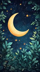Poster - Moon and stars, green leaves, pastel colors, a cute style, fantasy elements, celestial elements, crescent moons, and starry skies.