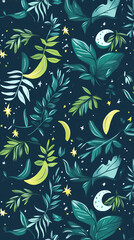 Poster - Moon and stars, green leaves, pastel colors, a cute style, fantasy elements, celestial elements, crescent moons, and starry skies.