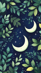 Poster - Moon and stars, green leaves, pastel colors, a cute style, fantasy elements, celestial elements, crescent moons, and starry skies.