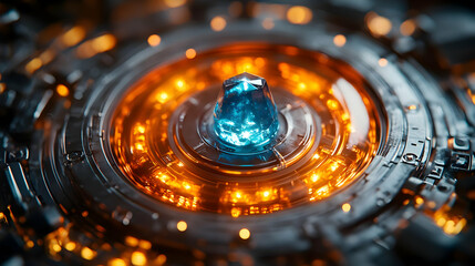 Poster - Futuristic technology design featuring a glowing blue crystal surrounded by intricate circuitry and warm lighting.