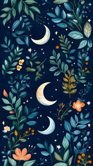 Poster - Moon and stars, green leaves, pastel colors, a cute style, fantasy elements, celestial elements, crescent moons, and starry skies.