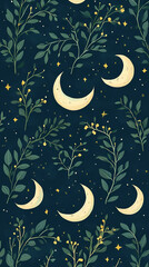 Poster - Moon and stars, green leaves, pastel colors, a cute style, fantasy elements, celestial elements, crescent moons, and starry skies.