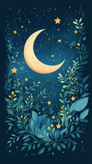 Poster - Moon and stars, green leaves, pastel colors, a cute style, fantasy elements, celestial elements, crescent moons, and starry skies.