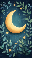 Poster - Moon and stars, green leaves, pastel colors, a cute style, fantasy elements, celestial elements, crescent moons, and starry skies.