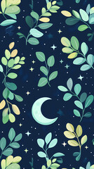 Poster - Moon and stars, green leaves, pastel colors, a cute style, fantasy elements, celestial elements, crescent moons, and starry skies.