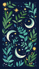 Poster - Moon and stars, green leaves, pastel colors, a cute style, fantasy elements, celestial elements, crescent moons, and starry skies.
