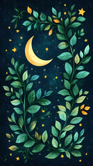 Poster - Moon and stars, green leaves, pastel colors, a cute style, fantasy elements, celestial elements, crescent moons, and starry skies.