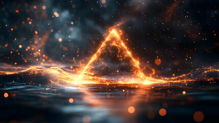 Poster - A glowing triangular shape emerges from a shimmering water surface, surrounded by dynamic sparks and a mystical backdrop.