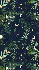 Poster - Moon and stars, green leaves, pastel colors, a cute style, fantasy elements, celestial elements, crescent moons, and starry skies.