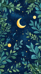 Poster - Moon and stars, green leaves, pastel colors, a cute style, fantasy elements, celestial elements, crescent moons, and starry skies.
