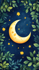 Poster - Moon and stars, green leaves, pastel colors, a cute style, fantasy elements, celestial elements, crescent moons, and starry skies.