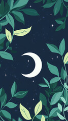 Poster - Moon and stars, green leaves, pastel colors, a cute style, fantasy elements, celestial elements, crescent moons, and starry skies.