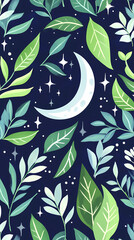 Poster - Moon and stars, green leaves, pastel colors, a cute style, fantasy elements, celestial elements, crescent moons, and starry skies.