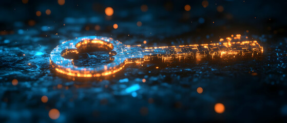 Poster - A glowing digital key with intricate designs, set against a dark, abstract background with luminous particles.