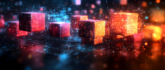 Poster - Abstract glowing cubes illuminated by colorful lights on a dark background, creating a visual representation of digital art.