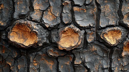 Poster - Close-up of Tree Bark with Deep Cracks and Orange Patches