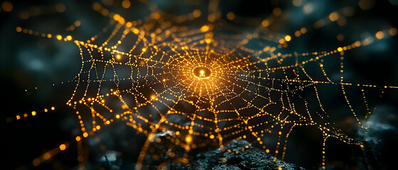 Close-up of a shimmering spider web illuminated by soft light, showcasing intricate patterns and beauty in nature.