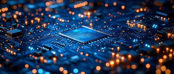 Poster - Close-up of a circuit board with glowing lights, showcasing intricate details and modern technology.