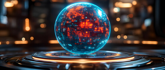 Poster - A glowing transparent orb displaying a futuristic digital world, set against a high-tech background.