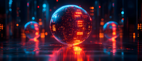 Poster - Futuristic glowing spheres in a digital environment with vibrant colors and high-tech aesthetics.