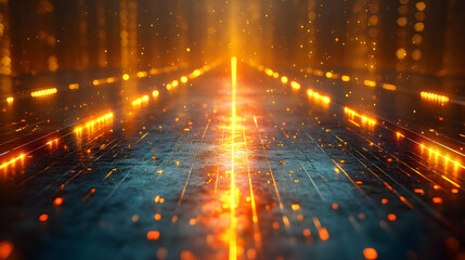 Poster - Futuristic digital landscape with glowing orange lights and a reflective blue surface, creating an immersive sci-fi ambiance.