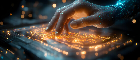 Poster - Futuristic hand interacting with glowing digital interface, showcasing advanced technology and innovative design.