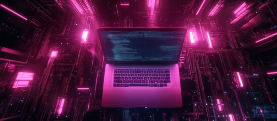 Poster - laptop in a neon cyberspace