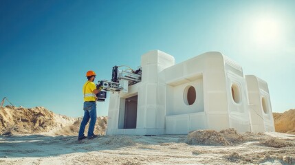 Aufkleber - Construction Worker Inspecting 3D Printed Concrete House