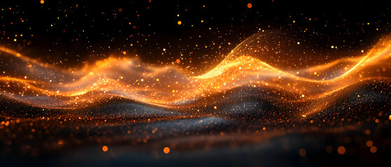 Poster - A mesmerizing wave of golden light and sparkles on a dark background, perfect for abstract designs and digital art.