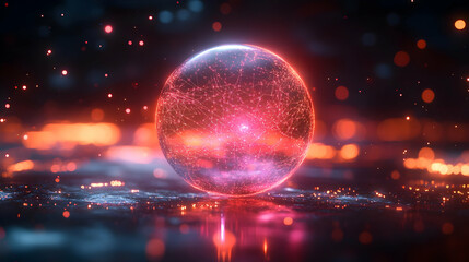 Poster - A glowing spherical object surrounded by colorful lights and particles, creating a mesmerizing futurist atmosphere.
