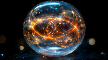 Poster - A mesmerizing glass orb filled with glowing particles reflecting light in a dark background.