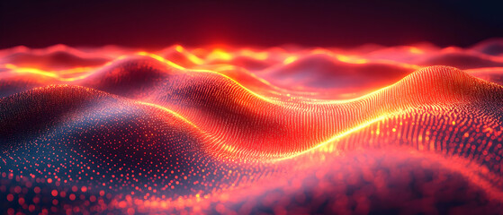 Poster - Abstract wave pattern with glowing red and blue lights on a dark background, creating a digital landscape effect.