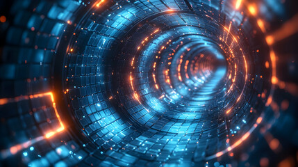 Poster - Abstract representation of a futuristic tunnel with glowing blue and orange lights, illustrating motion and depth.