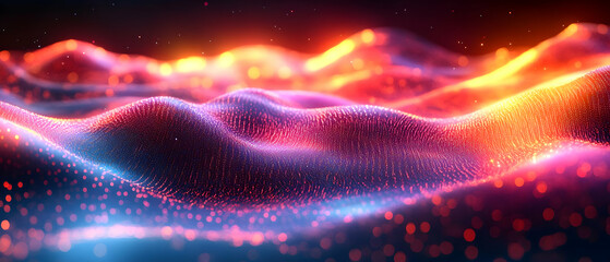 Poster - Abstract colorful waves with glowing particles in vibrant hues, creating a digital landscape effect.