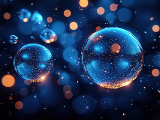 Poster - Floating Glass Spheres with Golden Sparkle on Blue Background